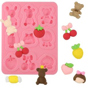1 Pcs Strawberry Bunny Carrot Cake Decoration Fondant Mold, Mini Bear Peach Chocolate Candy Silicone Molds, for Baby Shower Birthday Cupcake Topper Gum Dough Clay Bath Bomb UV Resin