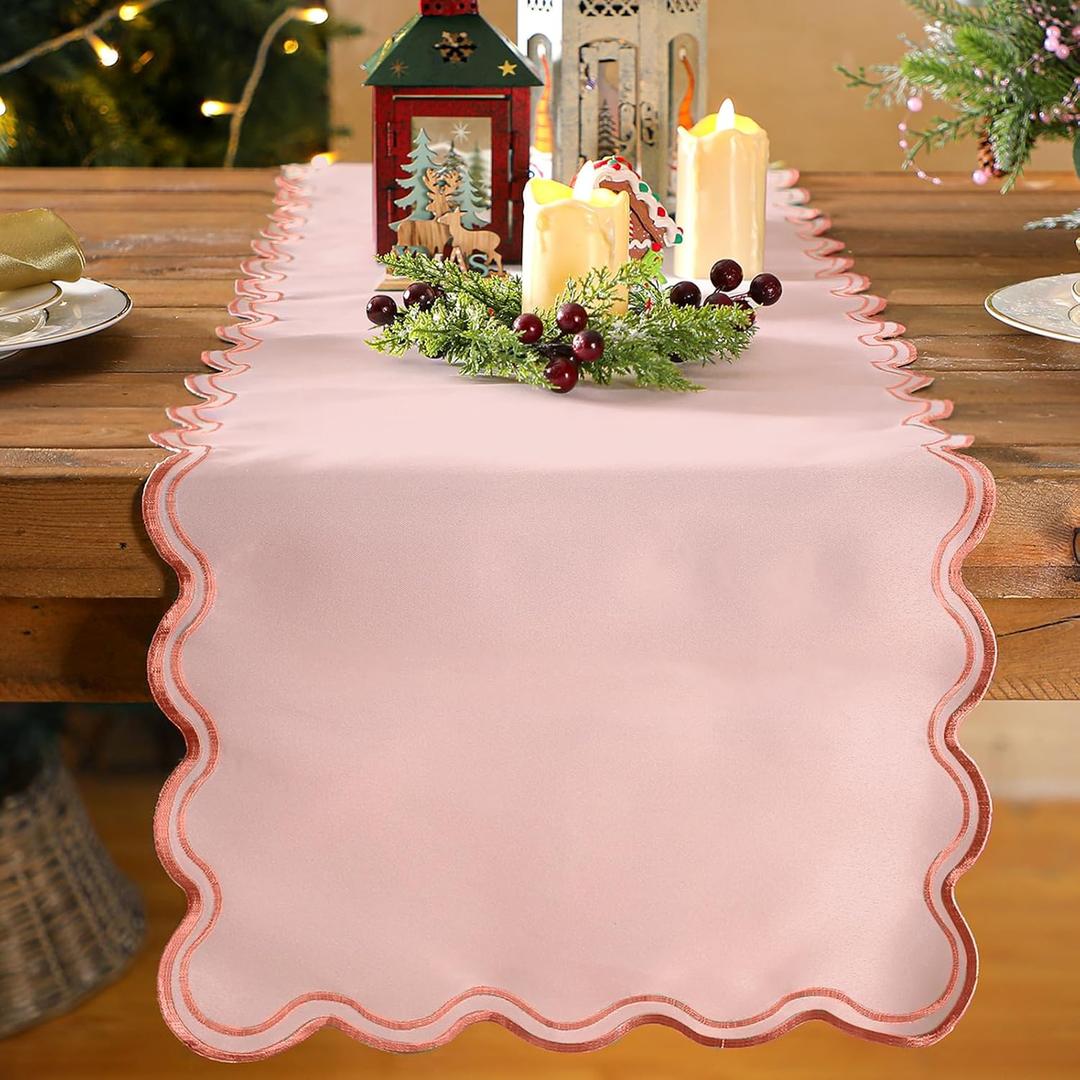 Scalloped Edge Table Runner 70 Inches Preppy Embroidery Edge Table Runner Cute Neutral Rustic Dining Decor for Kitchen (Dark Pink,Light Pink)