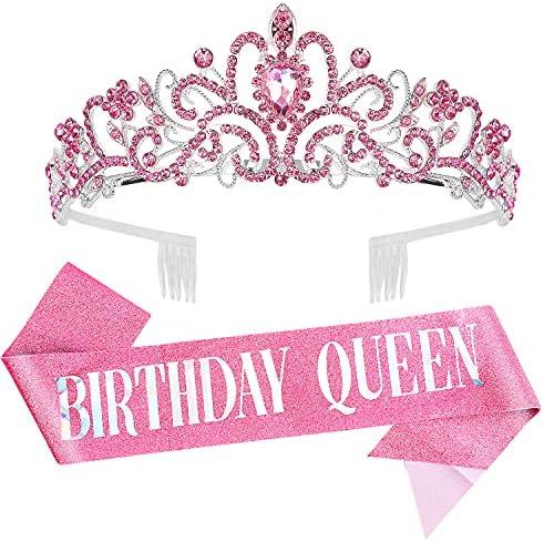 Birthday Tiara for Women, Tiara for Women Pink Rhinestone, Happy Birthday Queen Tiara for Women, Crown for Girls Tiaras Birthday Queen Crowns with Birthday Girl Sash Pack of 2