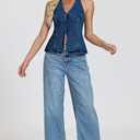 D-Sun Women Sleeveless Denim Vest Denim Halter Top Tie Backless Button Down Y2K Strapless Front Slit Sexy Jean Tank (Blue, XL)