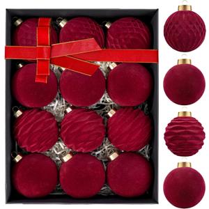 WDF 12PCS Velvet Christmas Tree Ornaments - Burgundy Christmas Ornaments 4 Styles - Red Christmas Ball - 80mm 3.15inch Shatterproof for Xmas Trees Decorations