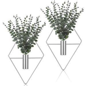 Jexine 4 Pcs Hanging Planters with Artificial Eucalyptus, Chrome Silver Wall Decor Metal Hanging Vase Indoor Plants Holder Modern Geometric Bathroom Decor for Living Room Home Office