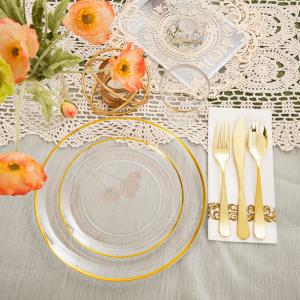 120Pcs Clear Gold Plastic Dinnerware Set - Clear and Gold Disposable Plates Include 60 Dessert, 60 Forks