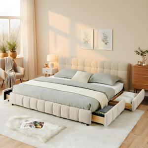 KEIKI King Thick Chenille Bed Frame with 4 Storage Drawer & Upholstered Tufted Headboard, Modern Solid Wood Floor Platform for Bedroom, No Box Spring Needed (Beige)