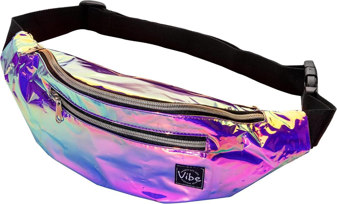 Vibe Festival Gear Fanny Pack for Men Women - Many Prints - Black Holographic Silver Gold Cute Waist Bag for Festival Rave Hiking Running Cycling (Fits Most, Purple Iridescenct)
