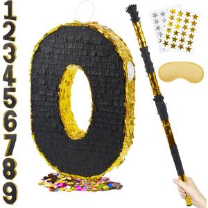 PCFING 20 Inch Number 0 Piata Gold Black with 30 Inch Piata Stick Blindfold Confetti for Man Women Boys Girls Birthday Party Decorations, Anniversary Celebration, Fiesta
