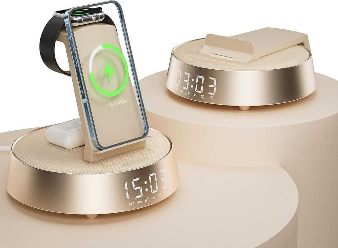 Alarm Clock with Wireless Charging Station, Clock for Bedroom with Night Light Bluetooth Speaker, Wireless Charger Dock Station for iPhone 17 16 15 14 13 12 Pro Max, Apple Watch 11, AirPods 3 (Beige)