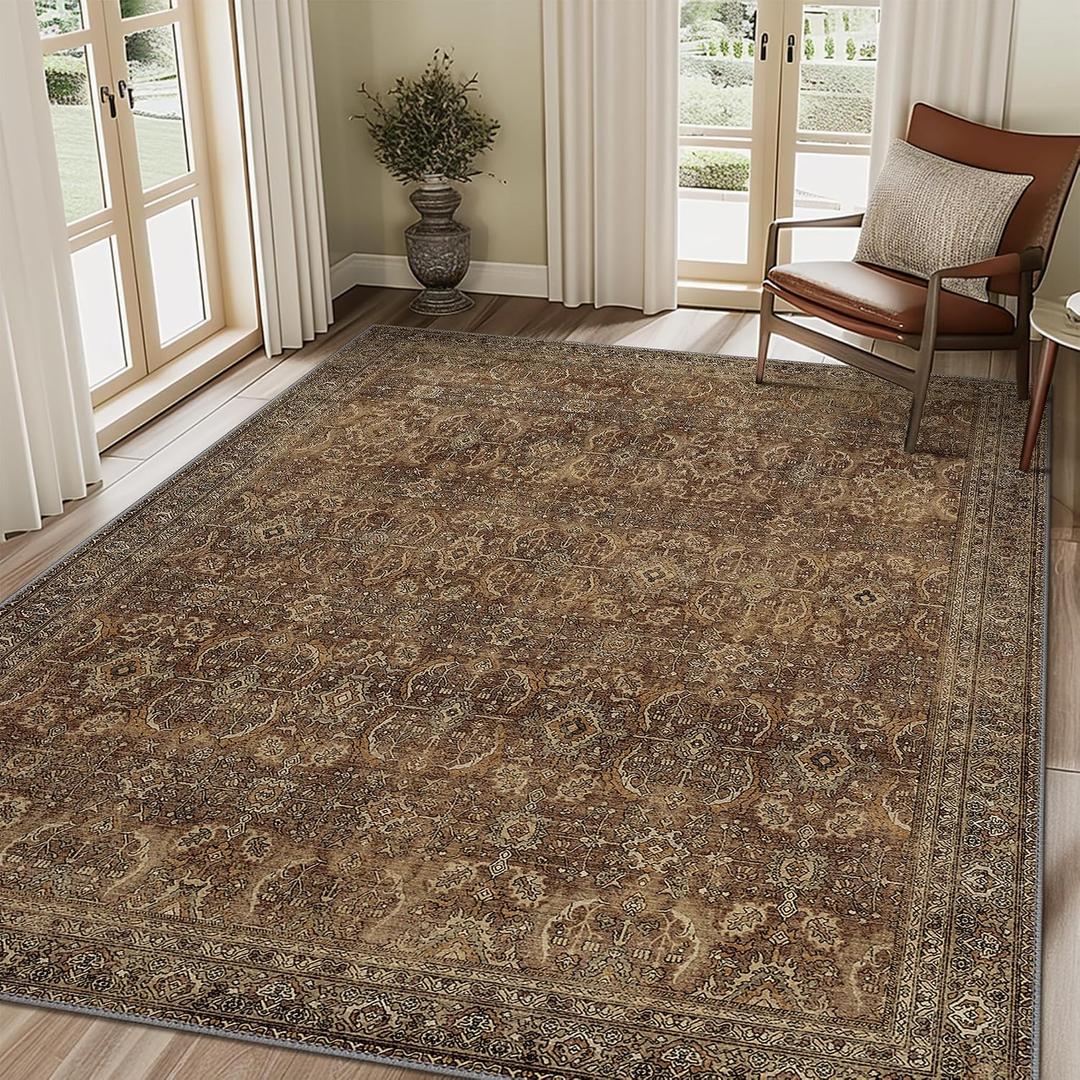 BESBLEE 8X10 Area Rugs Machine Washable Rugs for Living Room, Vintage Boho Large Rugs for Bedroom Dining Room, Non Slip Indoor Soft Distressed Lightweight Thin Low Pile Carpet, Rustic Brown