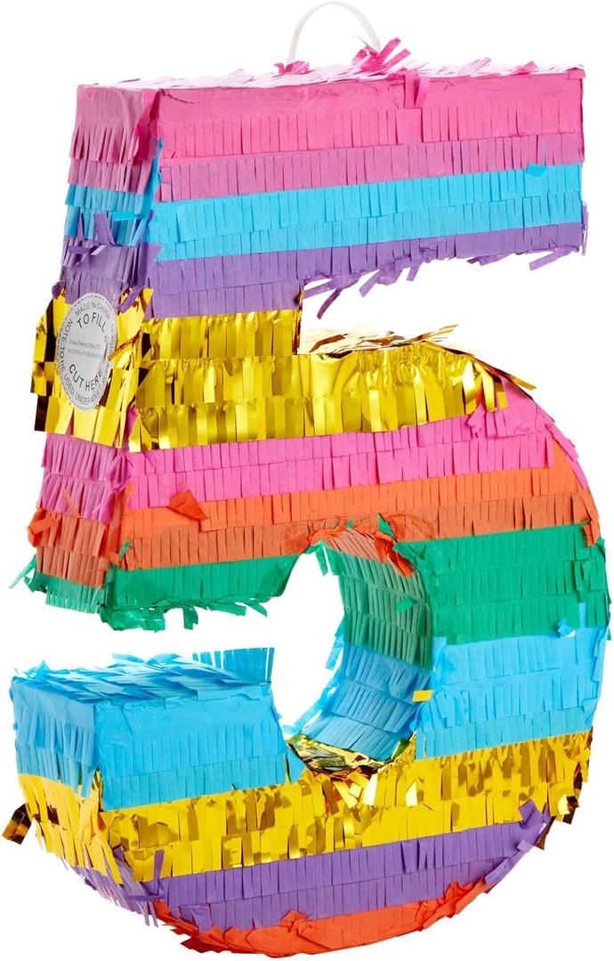 Rainbow Number 5 Pinata for 5th Birthday Party Decorations, Fiesta, Cinco de Mayo Celebration (Small, 12 x 16.5 x 3 In)