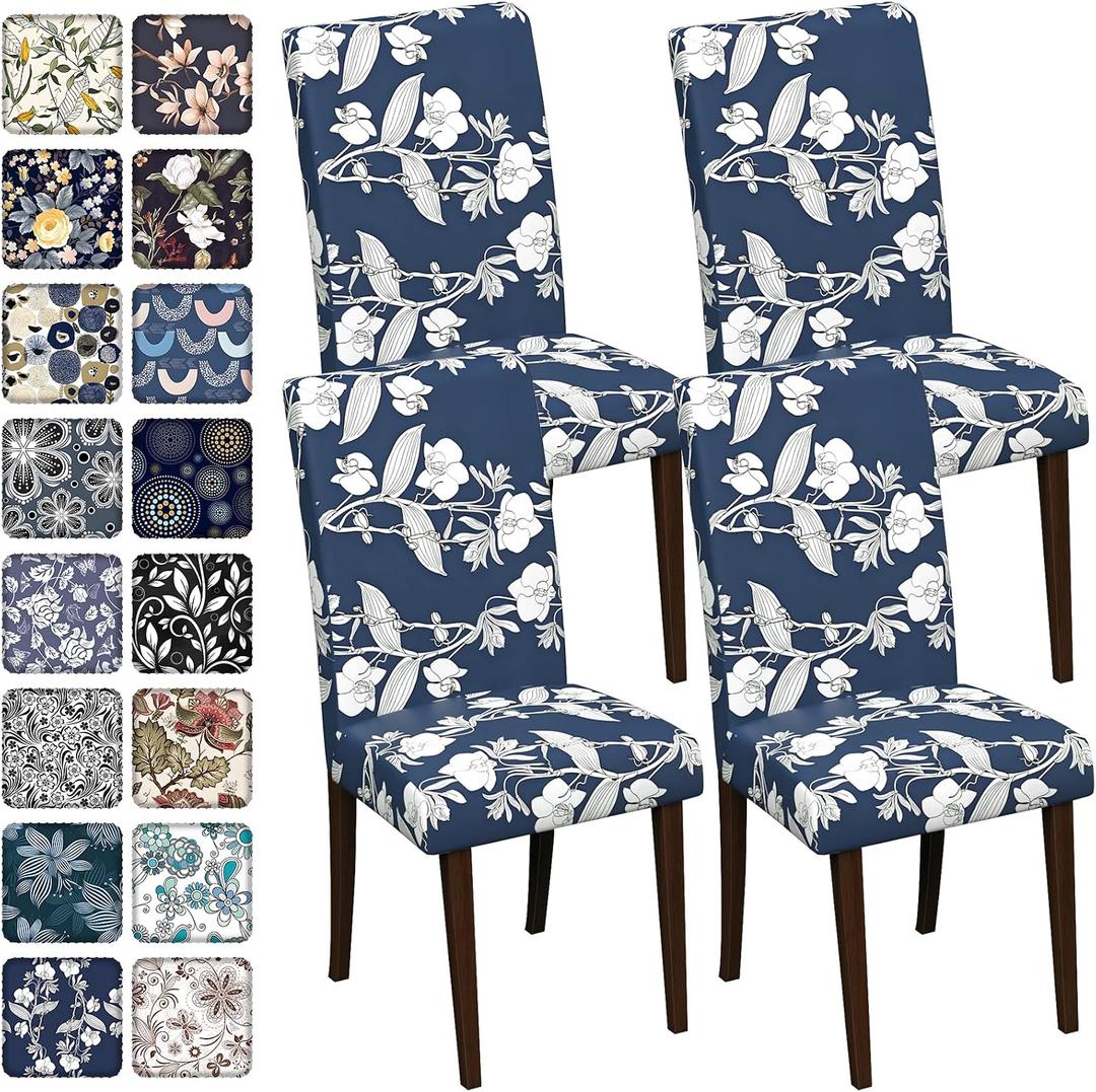 Chair Covers Dining Room Set of 4,Printed Patterned Stretch Non Slip Chair Slipcover Removable Washable Kitchen Chair Protector Cover for Home Hotel Banquet Party Office (Dark Navy White Orchid Leaf)