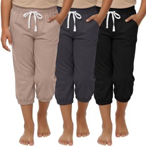3 Pack Girls Capri Sweatpants Kids Active Casual Drawstring Jogger Pants with Pockets and Elastic Ankles 7-8Y