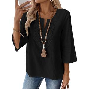 LOMON Womens 3/4 Sleeve Tops Cotton Linen Shirts V Neck Lace Casual Loose Fit Blouses Boho Fashion (Black)