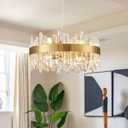 Siljoy Modern Crystal Chandelier, 12-Light Luxury Round 2-Tiers K9 Crystal Raindrop Chandelier, Brushed Brass Gold Crystal Pendant Ceiling Light for Living Dining Room Kitchen Island Foyer D19.7''