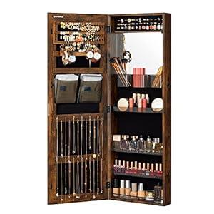 SONGMICS Jewelry Cabinet Armoire With Full-Length Mirror, Wall or Door Mount Storage Organizer, Lockable Cabinet With Built-in Small Mirror, Shelves, Gift Idea, Rustic Brown UJJC003X01