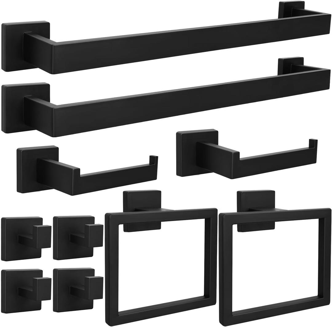 10pcs Bathroom Hardware Set, 24in Towel Bar Set, Including Square Towel Bar Square Towel Ring Toilet Paper Holder Towel Hooks, Set SUS304 Stainless Steel, Wall Mounted