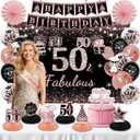 2 x 50th Birthday Decorations for Women - Rose Gold 37Pcs All-in-One Party Kit with Banner, Backdrop, Tiara, Sash, Cake Topper, Latex Balloons, Hanging Swirls, Centerpieces