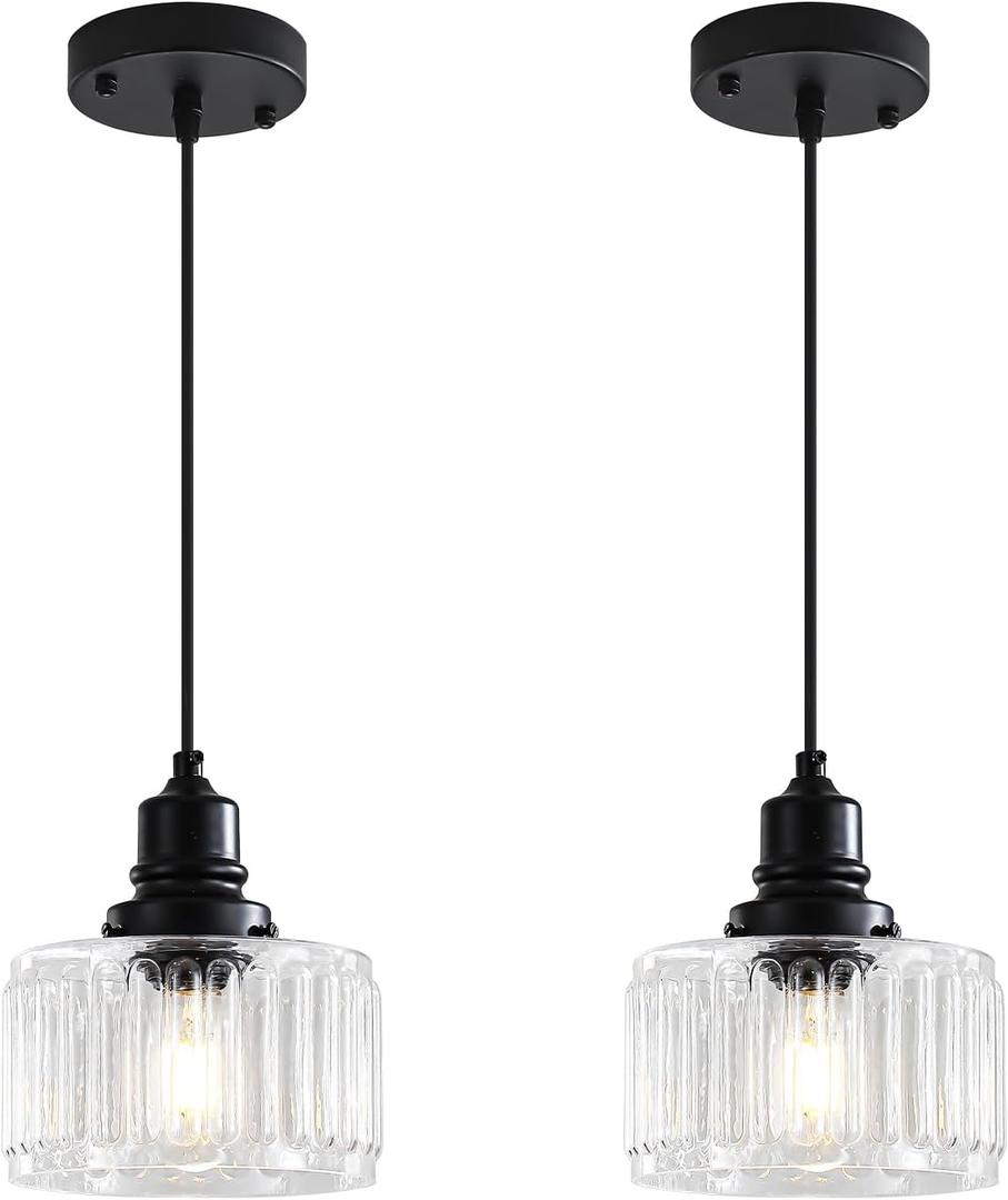 Vintage Pendant Lights Kitchen Island, Glass Kitchen Pendant Lighting Over Island, Farmhouse Pendant Light Fixtures for Kitchen Island, Bathroom, Bedroom, Dining Room, 2 Pack