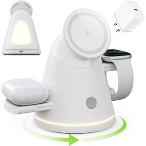 360 Rotating Wireless Charging Station,3 in 1 Multiple Charger Stand with Night Light,Qi2 15W Fast Wireless Charger for iPhone 17,16,15,14,13,12,iWatch,Samsung Watch and AirPods,White