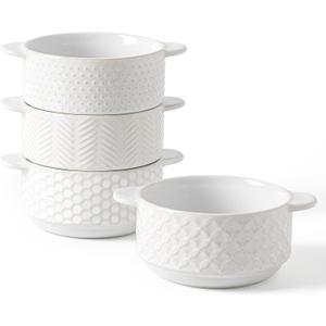 FOBENTA Soup Bowls with Handles, 20 Oz Embossed Ceramic Bowl Set of 4 Oven & Microwave Safe, Ideal for Stew, Chili, Cereal Textured Deep Bowls for Everyday Comfort (Arctic White)