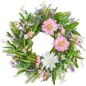 20'' Spring Wreath for Front Door - Pink Dahlia Artificial Flowers Summer Door Wreath with Natural Vine for Home Decor, Easter Wreaths, Farmhouse Front Door Decoration