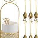 ELLDOO Coffee Spoon Set, White Ceramic Holder with 8 Stainless Steel Gold Leaf Coffee Spoons, Creative Flatware Set for Stirring, Mixing, Sugar, Ice Cream, Cake (8 x Spoons)