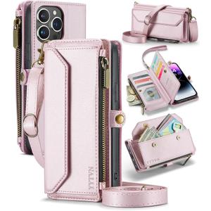 for iPhone 14 Pro Max Wallet Case with Zipper Card Holder & Crossbody Lanyard Strap & Wrist Strap, RFID Blocking PU Leather Magnetic Flip Handbag Purse Case for iPhone 14 Pro Max - Rose Gold