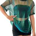 OYOANGLE Women's See Through Top Metallic Mesh Sheer Short Sleeve Rave T-Shirt (Large, Green)