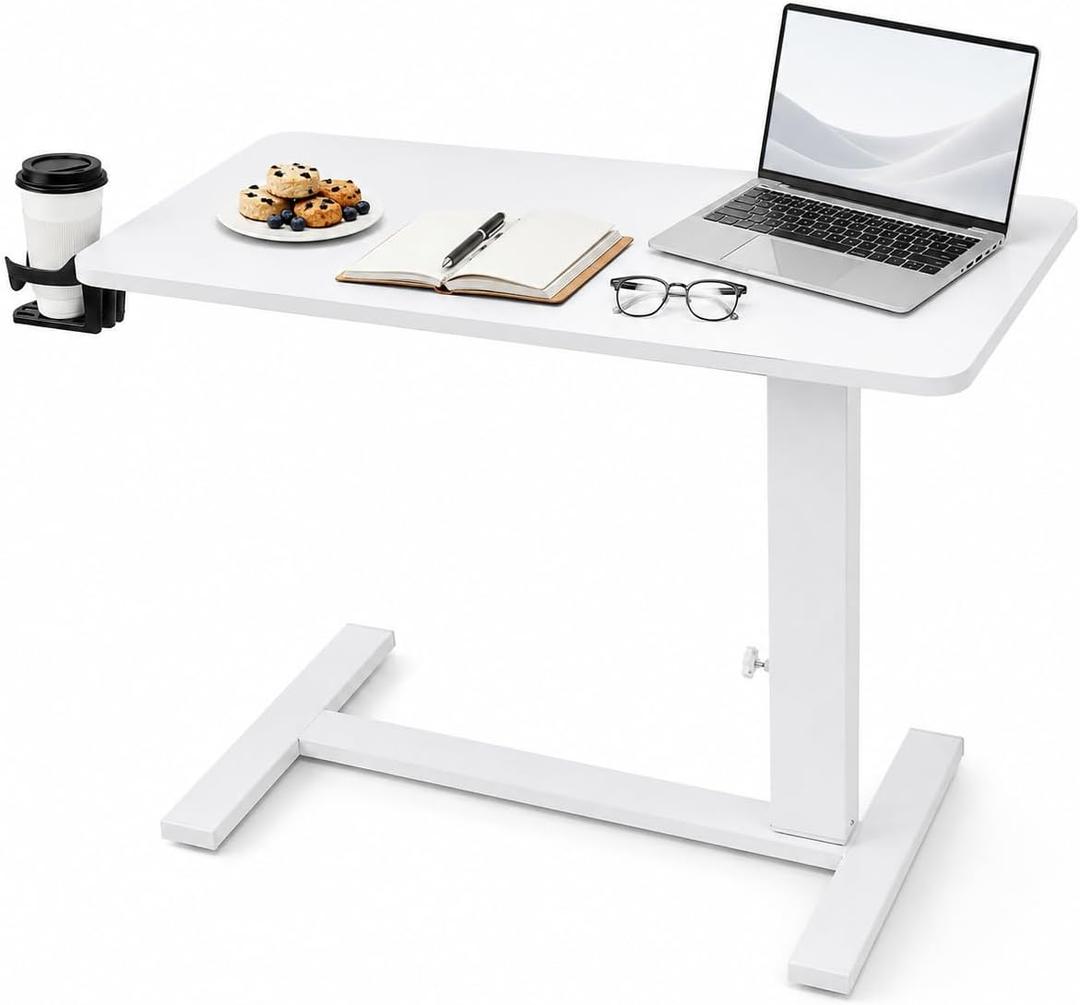 31" Adjustable Overbed Table with Wheels, Pneumatic Height Adjustable Bedside Desk, Rolling Laptop Desk for Bed, Sofa & Recliner, Mobile Standing Computer Workstation for Home & Hospital, 31.5"x15.75", 31.5 x 15.75 x 25.59-35.43 inches