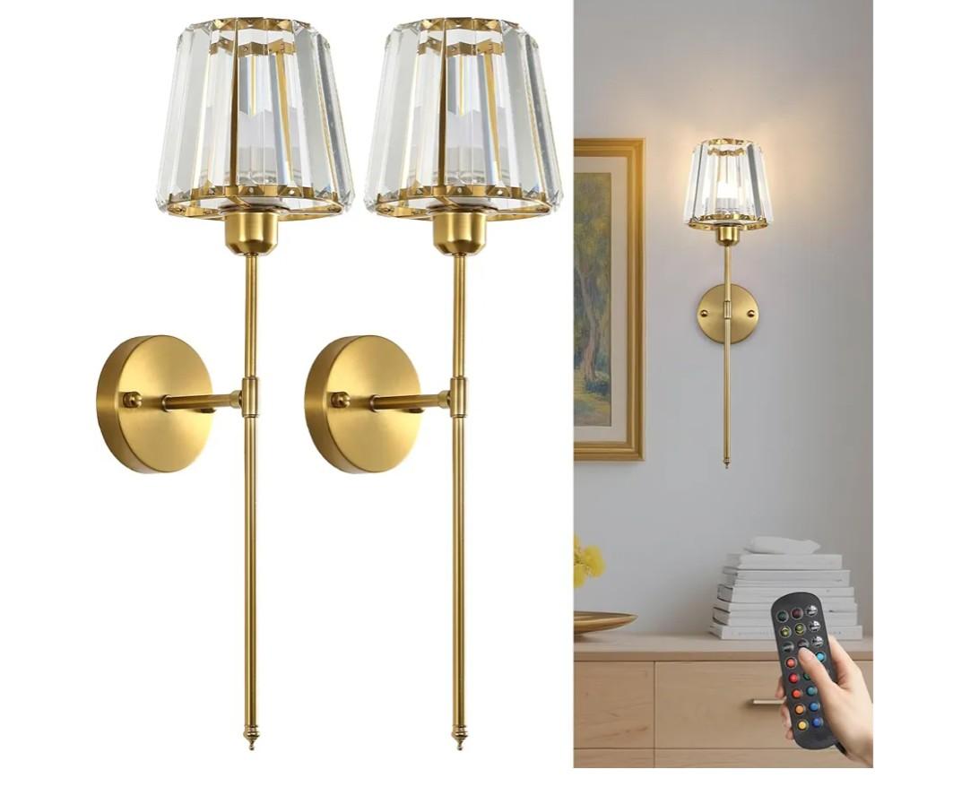Crystal Wall Sconces Set of 2, Dimmable Wall Sconce with Plug in Cord and Dimmer Gold Plug in Wall Lamp Wall Mounted Light with Crystal Shade for Living Room Bedroom Vanity Light, Bulbs Included