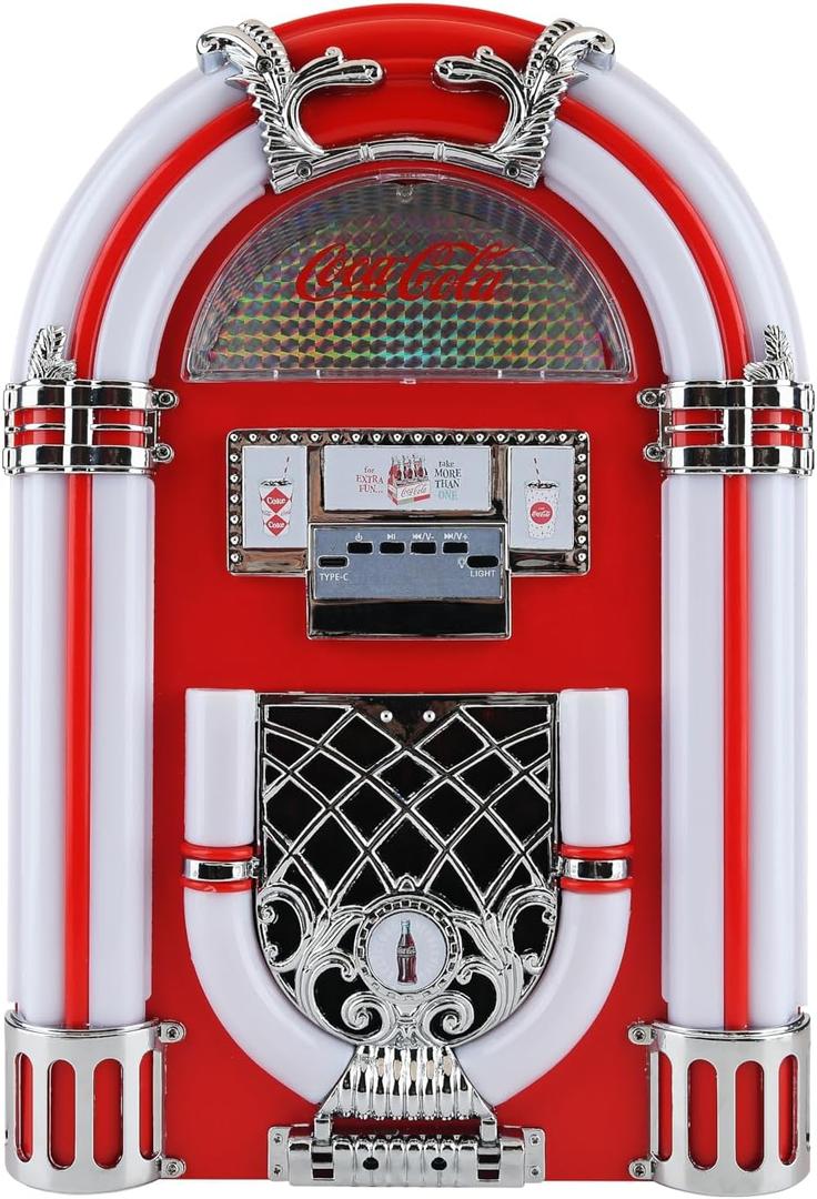 Coca-Cola Jukebox Bluetooth Speaker with FM Radio, LED Lights, 16W Output, 1800mAh Battery, USB-C Charging, 10m Range, Retro Design for Parties & Home Use