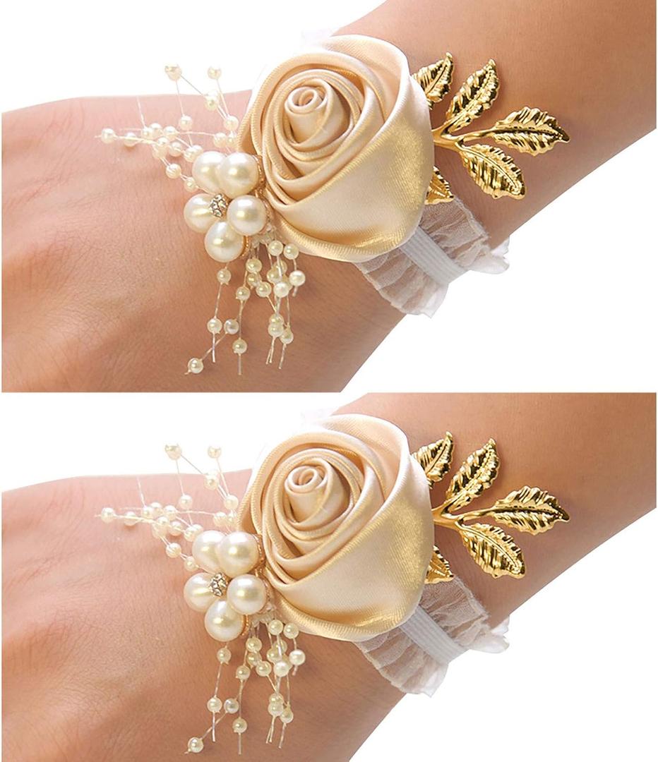 Wrist Corsage 2PCS Satin Roses Hand Flower Champagne Wedding Bridal Corsage Bridesmaid Wrist Flowers Elastic Wristband for Wedding Prom Party Homecoming Graduation Dancing