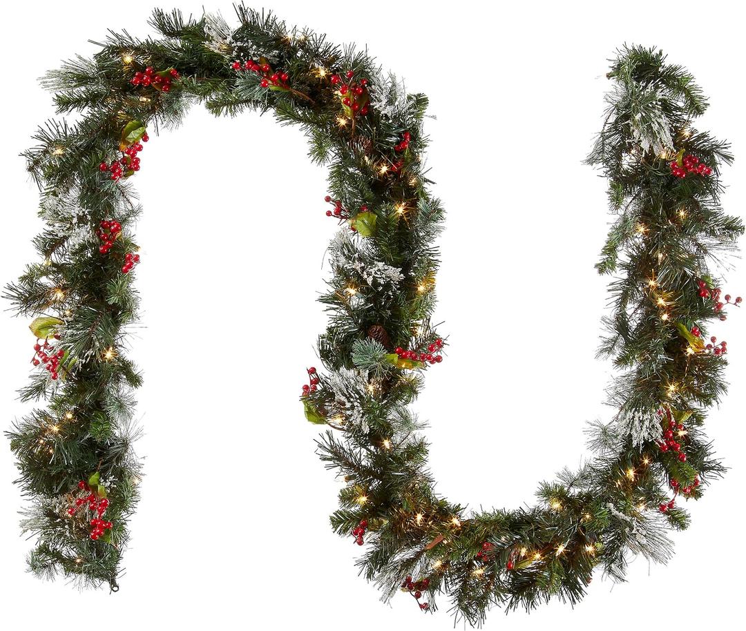 National Tree Company 9 ft Pre-Lit Wintry Pine Flocked Artificial Christmas Garland, Christmas Decoration with Pinecones, Red Berries, 100 Clear Lights, 184 Tips, Green, 108X12X6