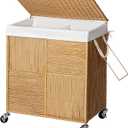 WOWLIVE Double Laundry Hamper with Lid, Handwoven Rolling Laundry Basket with Wheels, 115L Dirty Clothes Hamper with Removable Liner Bag Large Capacity Laundry Sorter Laundry Room Organization,Natural