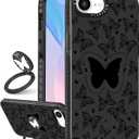 Boaretiu Cute Kawaii for iPhone 16e Case with Stand - Fashion Cool 360 Rotate Ring Holder Kickstand Black Butter Design for Women Girls Boys Teens Girly for iPhone 16e Phone Case