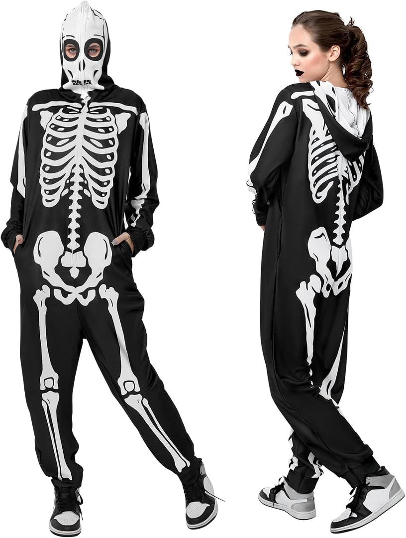 Adult Onesie Skeleton Costume Women Front and Back Bone Print Halloween Skeleton Jumpsuit Men with Zipper Hooded, (X-Large)