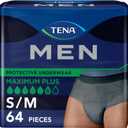 TENA Men Incontinence Underwear, Maximum Plus Absorbency, Adult Diapers, Small/Medium (Waist Sizes 34in-50in), 64 Count (4 packs of 16)