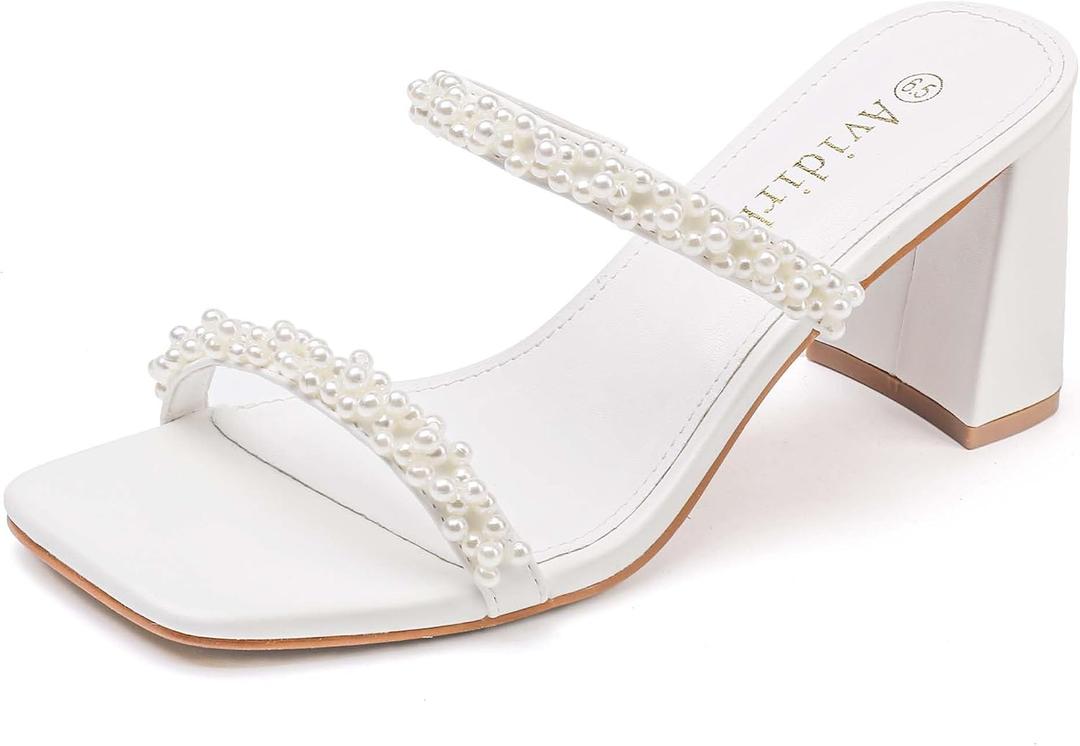 Avidirk Women's Square Open Toe Heeled Sandals Two Strap Mules Slip On Block Chunky Mid Heels Sandals, Size 7.5