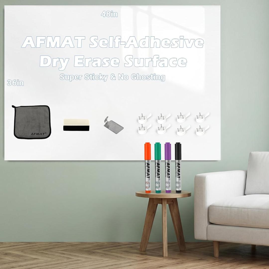 AFMAT White Board Dry Erase Paper, 48" x 36" Whiteboard Wallpaper, with 4 Markers, Stain-Proof & Super Sticky, No Ghost, 4' x 3' Peel and Stick Dry Erase Board Paper Roll for Wall/Home/Office,WS23E
