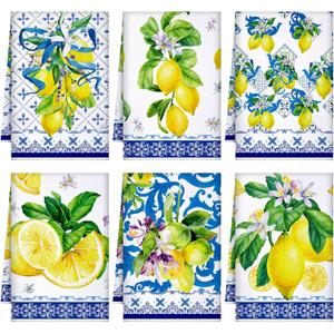 Geyoga 6 Pieces Blue and White Lemon Kitchen Towels Set Absorbent Dish Towels Decorative Tea Washcloth for Spring Summer Kitchen Bathroom Home Decor, 16 x 24 Inch (Blue, White)