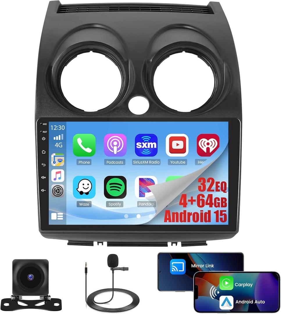 4+64GB Realdio Android 15 Car Radio for Nissan Rogue 2007-2015 with Wireless CarPlay Android Auto, 9" Touch Screen Car Stereo for Rogue with GPS Navi WiFi Bluetooth 5.0 FM/RDS 32EQ Backup Camera