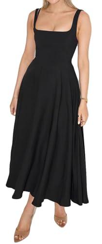 Baobaome Women's Sexy Sleeveless Square Neck A-Line Cocktail Party Solid Dress Black, XL