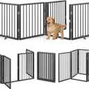 Vantas Folding No-Assembly Metal Pet Gate 80" Wide, 24" Extra Tall Dog Gate with Door Walk Through, Freestanding Accordion Puppy Gate Dog Door for Indoor & Outdoor, with 2PCS Support - Black