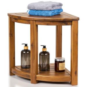 Upolana Teak Shower Stool, 18" Corner Shower Benches for Inside Shower Bathroom Wood Shower Seat with Storage Shelf Waterproof - S35796