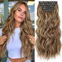KooKaStyle Hair Extensions Medium Brown mix Caramel Blonde Clip in Synthetic Highlight Hair Extensions Long Wavy 4PCS Thick Hairpieces 20 Inch for Women