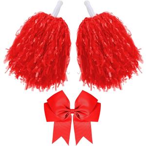 Hotop 3 Pcs 10 in Cheerleading Pom Poms and Large Cheerleader Hair Bow Cheer Pompoms Cheerleading Accessories for Sport Events Dance Party Basketball Football Team (Red)