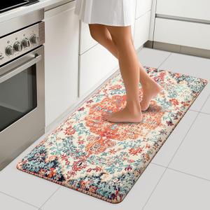 MAYHMYO Boho Kitchen Mat Anti Fatigue Ethnic Kitchen Cushioned Floor Mat Orange Blue Kitchen Rugs Non Slip Rugs for Kitchen Floor Office