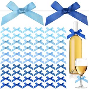 100 Pieces 2.6" Blue Series Bows Mini Satin Ribbon Twist Tie Bows Crafts for Wedding Graduation Birthday Party Shower Gift Wrapping Candy Treat Bags Decoration
