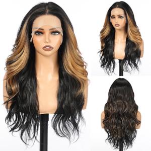Highlight Honey Blonde Long Curly Wig, 13x4 Lace Front Synthetic Wig with Baby Hair, Natural Looking Heat Resistant Hair for Women Daily Use 22IN(HL27/01B30)