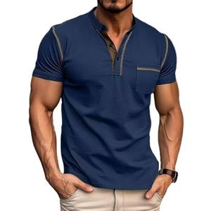 Men's Henley Shirts Short/Long Sleeve Casual Cotton T-Shirt Classic Button Basic Stylish Tees Tops (Blue, M)