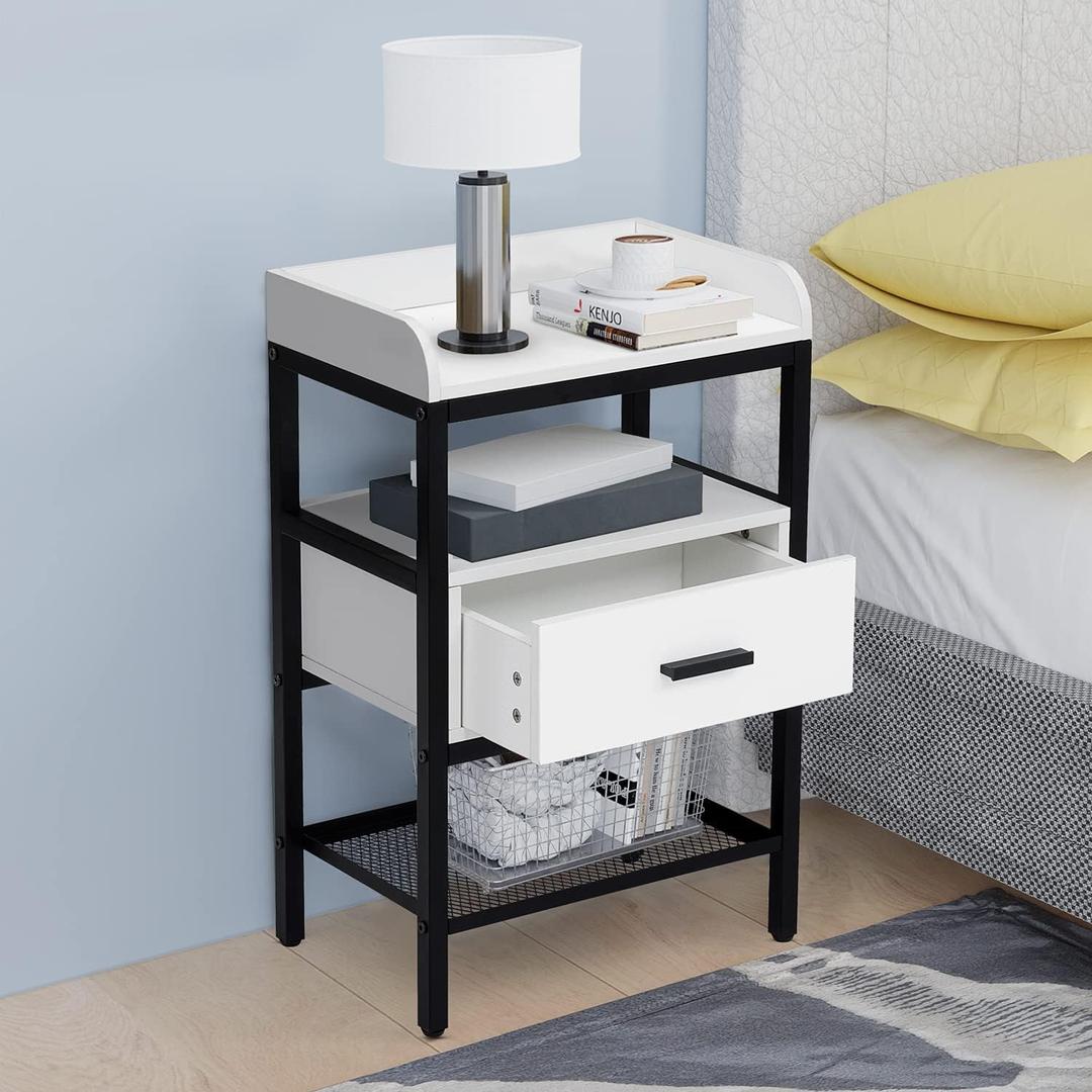 Nightstand, 3 Tier End Table with Drawer and Storage Shelf, Industrial Bedside Table with Adjustable Feet, Wooden Accent Furniture for Bedroom Living Room (1PCS, White)